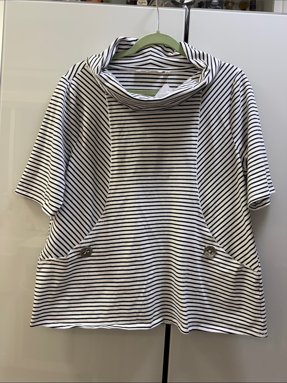 Soft Surroundings Black & White Striped Short-Sleeve Cowl Neck tunic Top